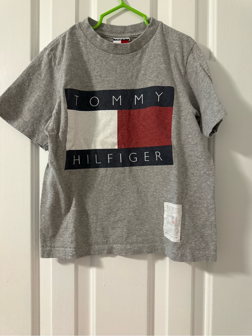 Vintage Tommy Hilfiger Grey Short-Sleeve Logo Tee with Red & Navy Block